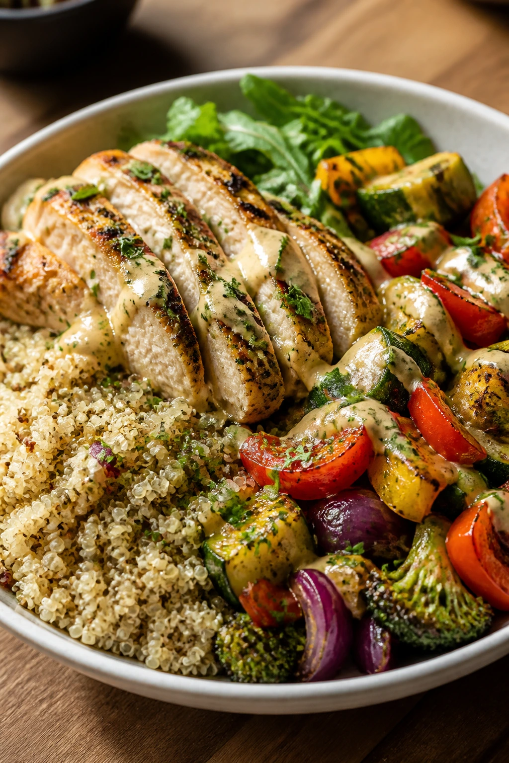Close-up of Chicken Quinoa Bowl with Roasted Vegetables