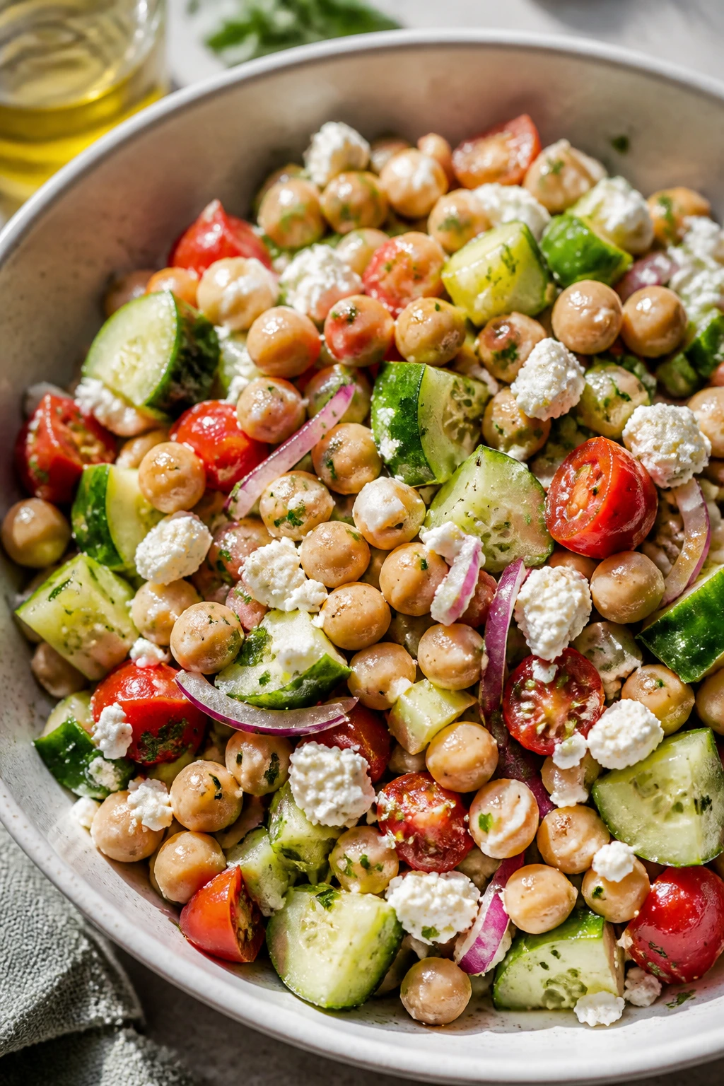 Chickpea salad with cucumber and feta in a bowl for energy, olive oil dressing