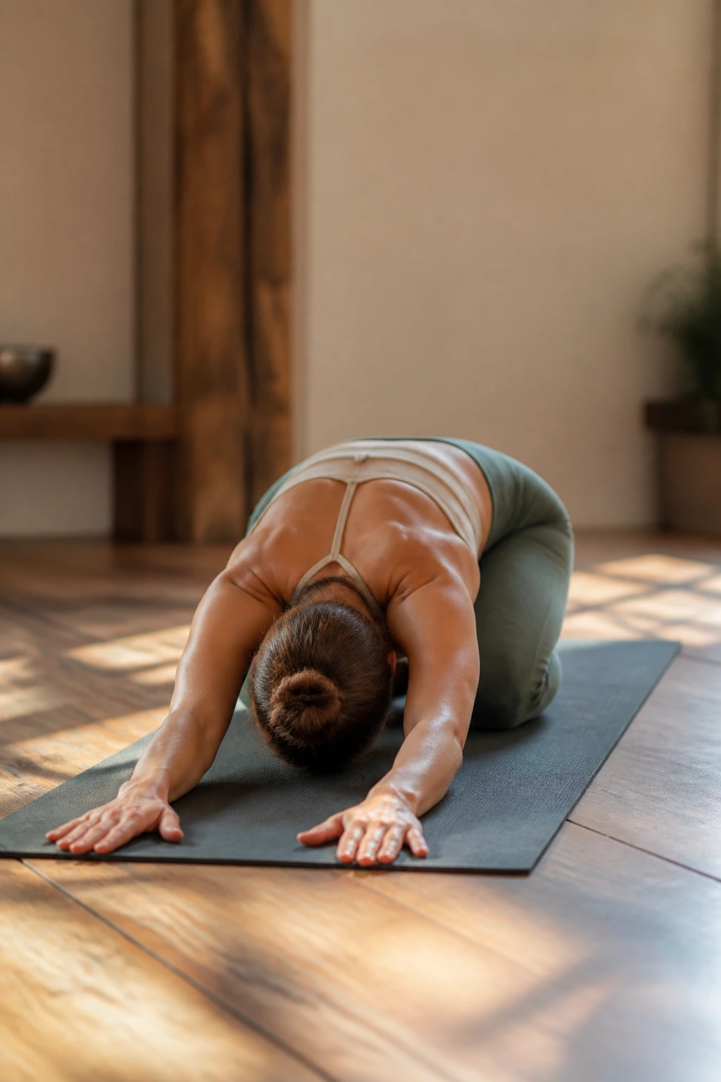 Close-up of a person in Child’s Pose on a yoga mat performing spinal decompression