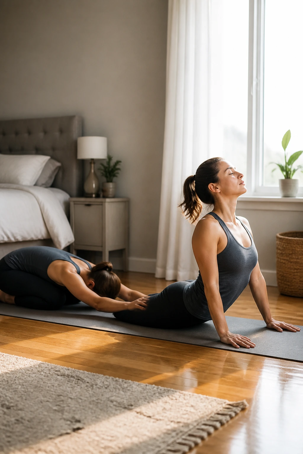 Person moving from child’s pose to cobra on a yoga mat
