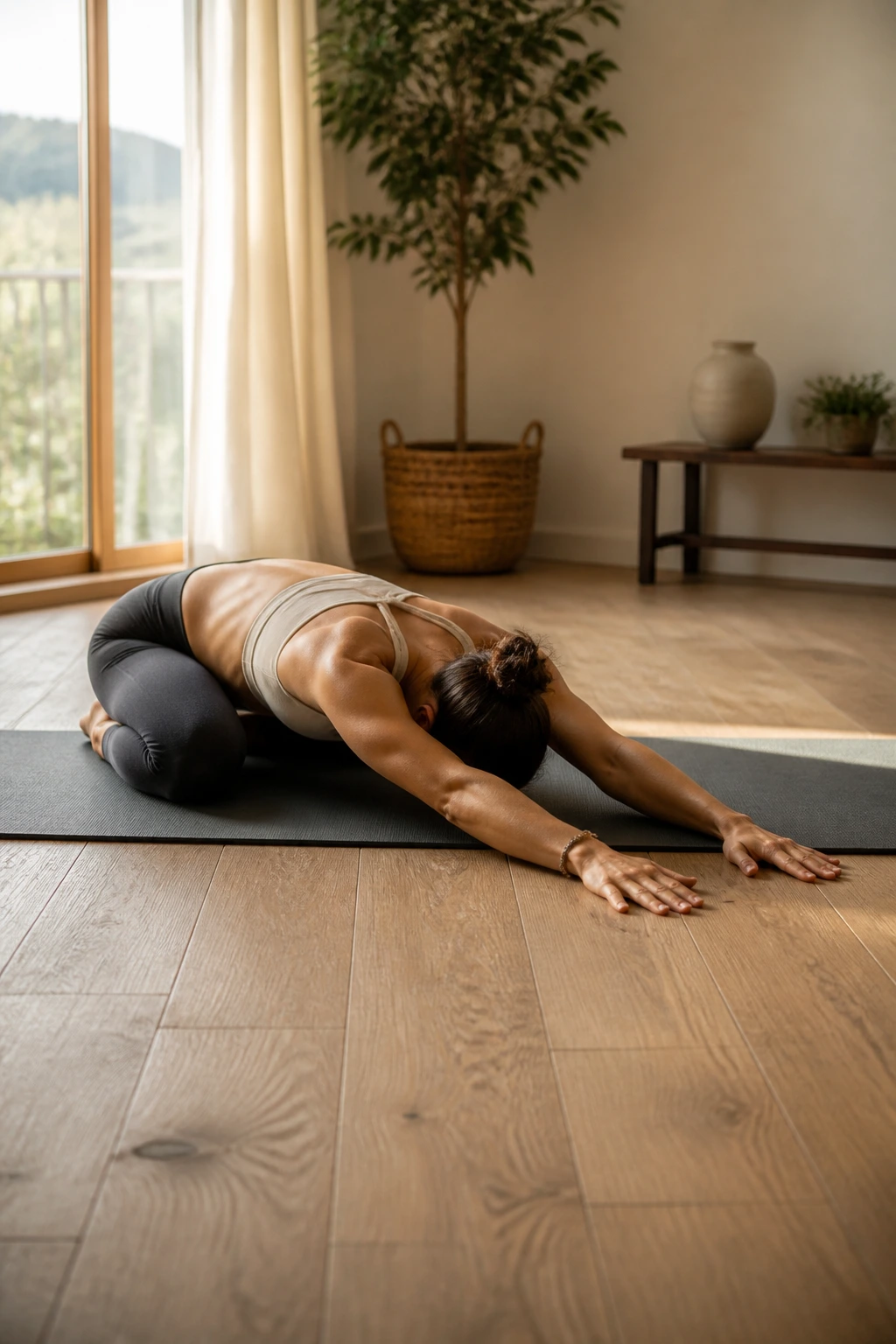 Real person performing dynamic Child’s Pose flow with lateral arm reach