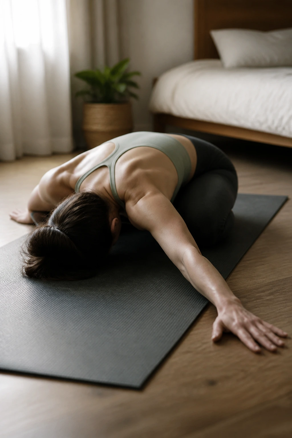 Close-up of a person in child’s pose with side reach for lat stretch.