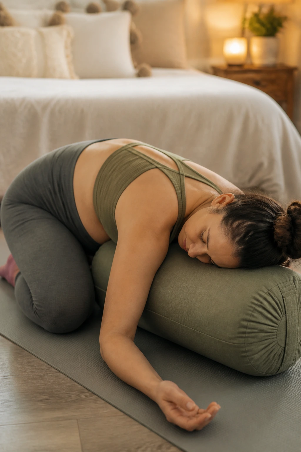 Pregnant person in supported Child's Pose with a bolster