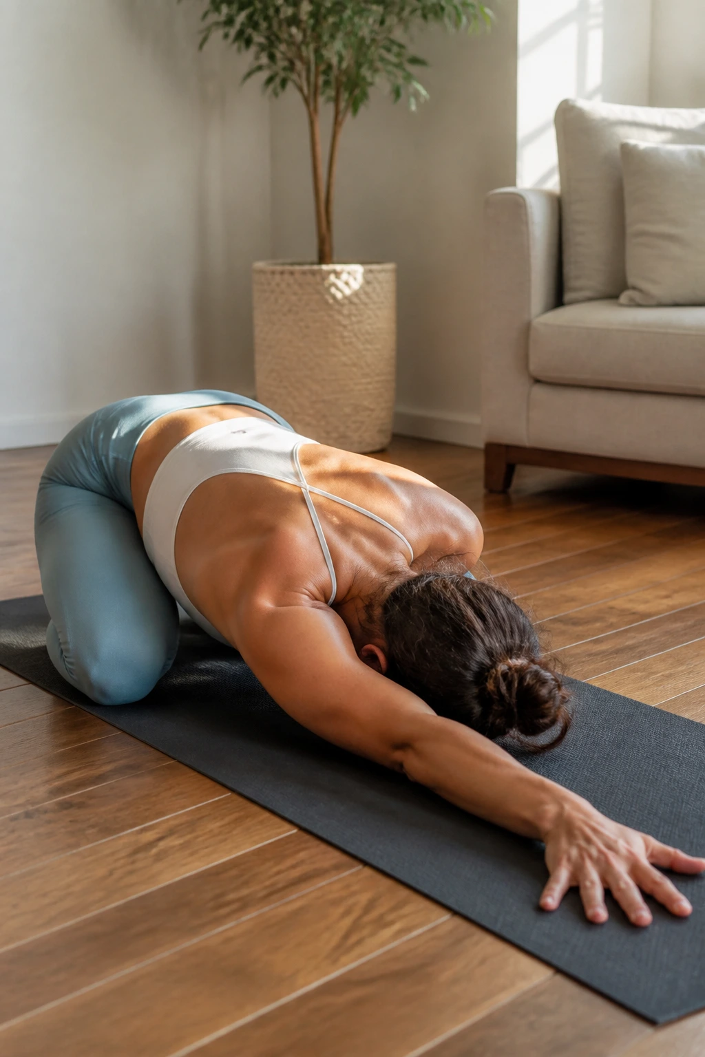 Close-up of a person in Child's Pose with side reach