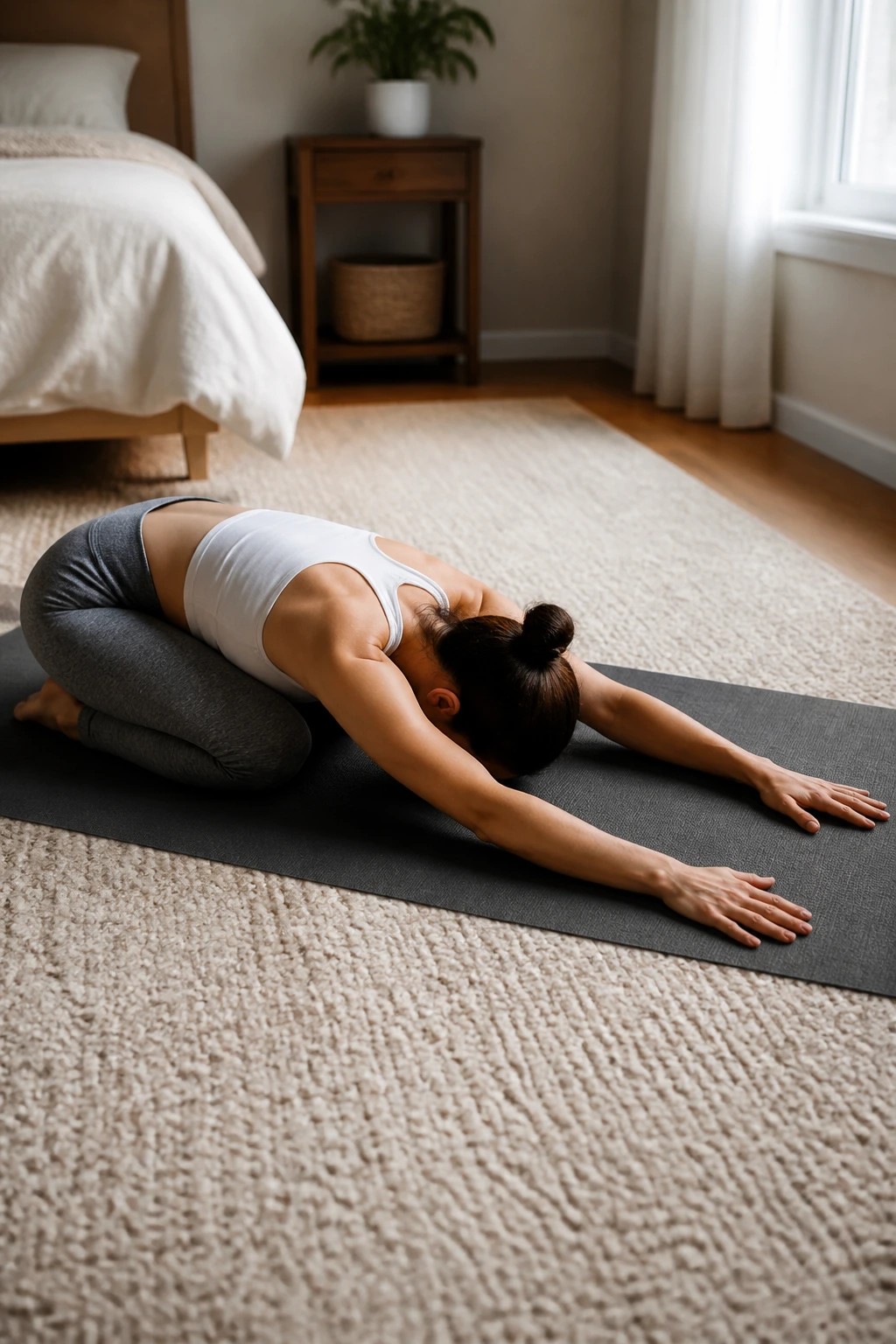 Person in Child’s Pose stretching the back and sides of the torso.