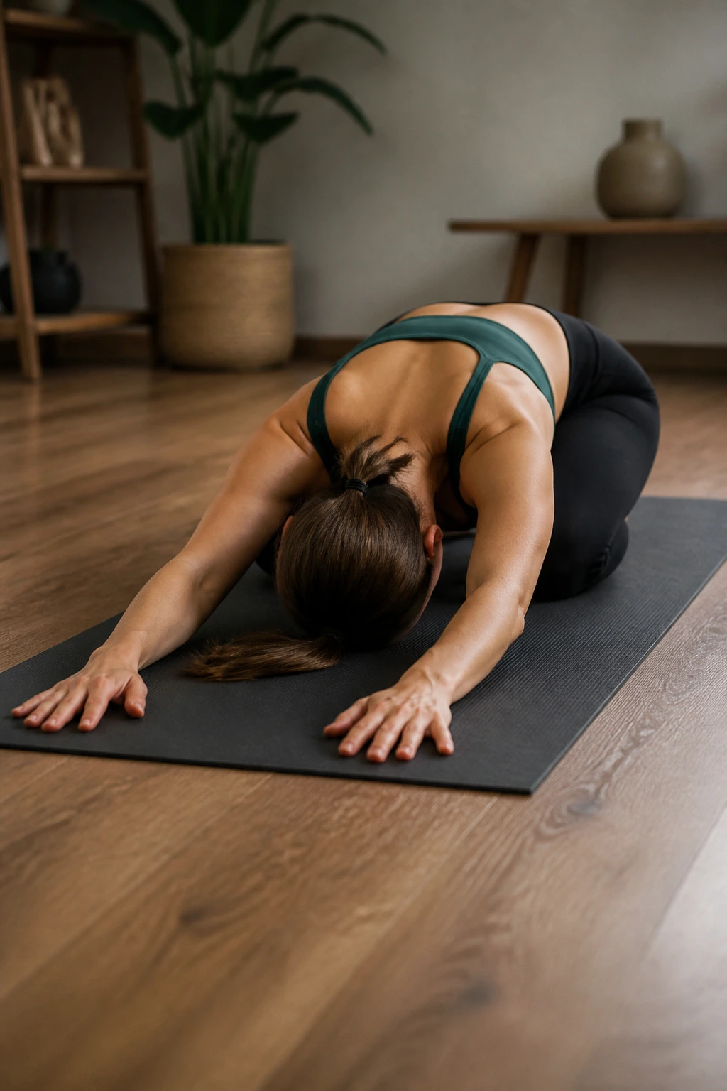 Close-up of a person in child’s pose on a mat with arms extended