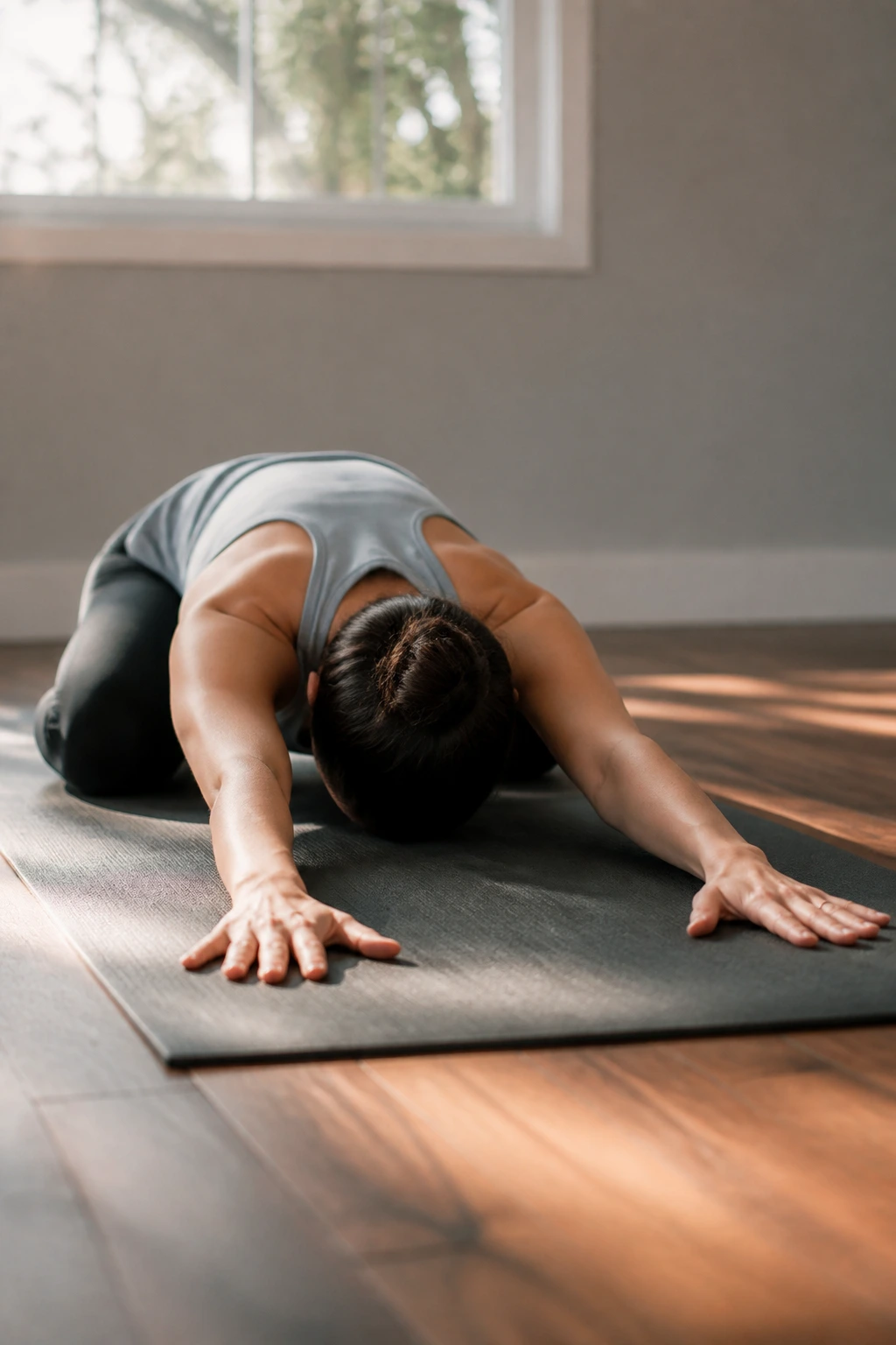 Person in Child’s Pose on mat with arms extended forward