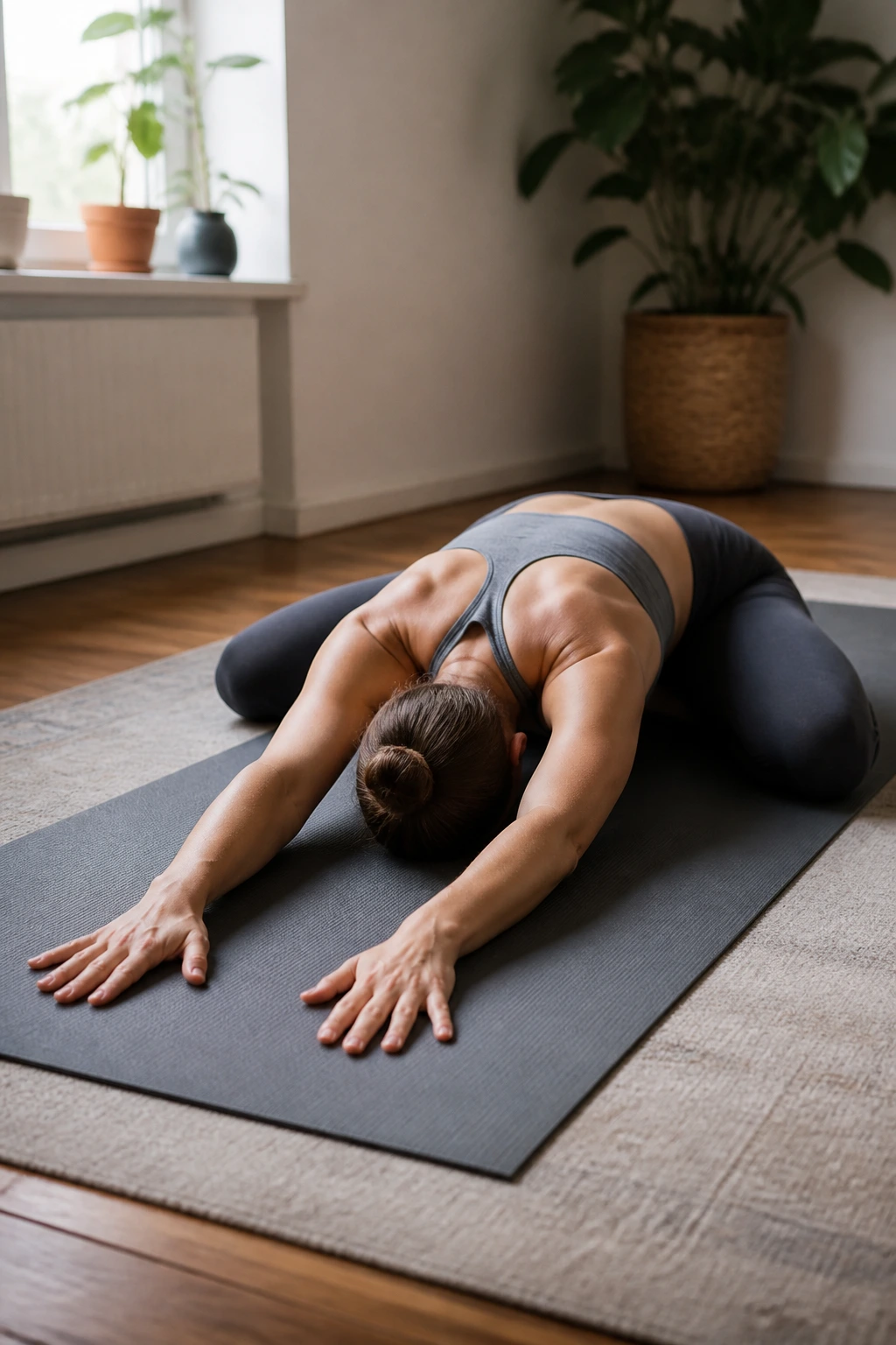 Person in Child’s Pose with wide knees on a yoga mat in a calm indoor setting