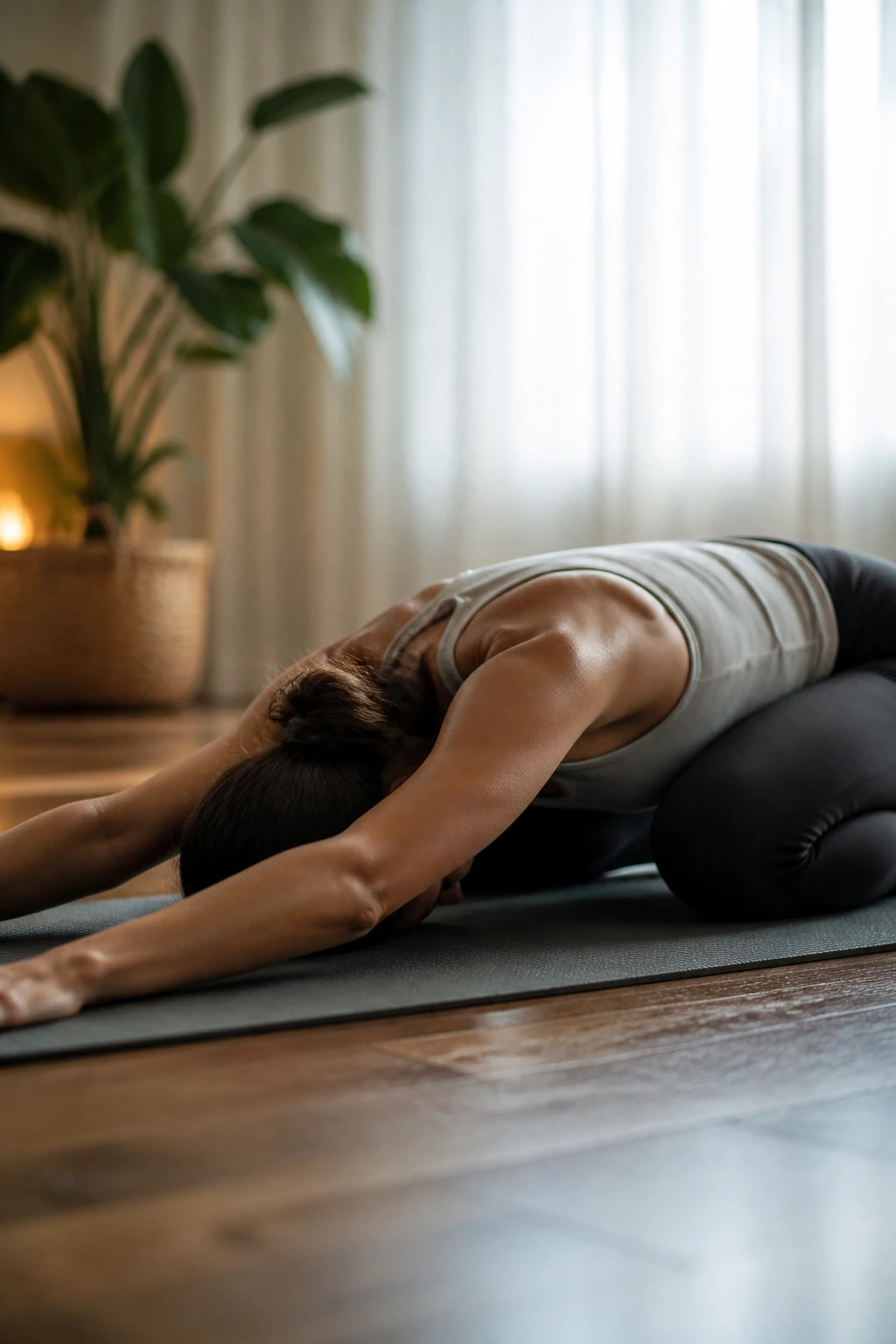 Real person resting in Child’s Pose to reset the nervous system.