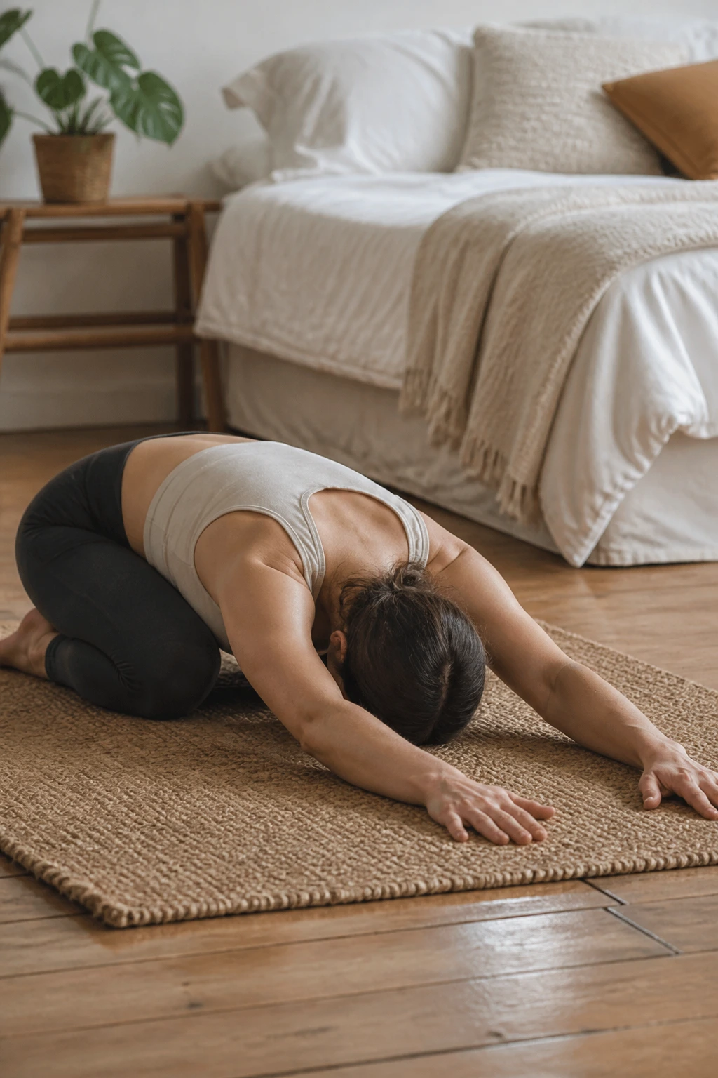 Real person in Child’s Pose on a mat in a softly lit bedroom.