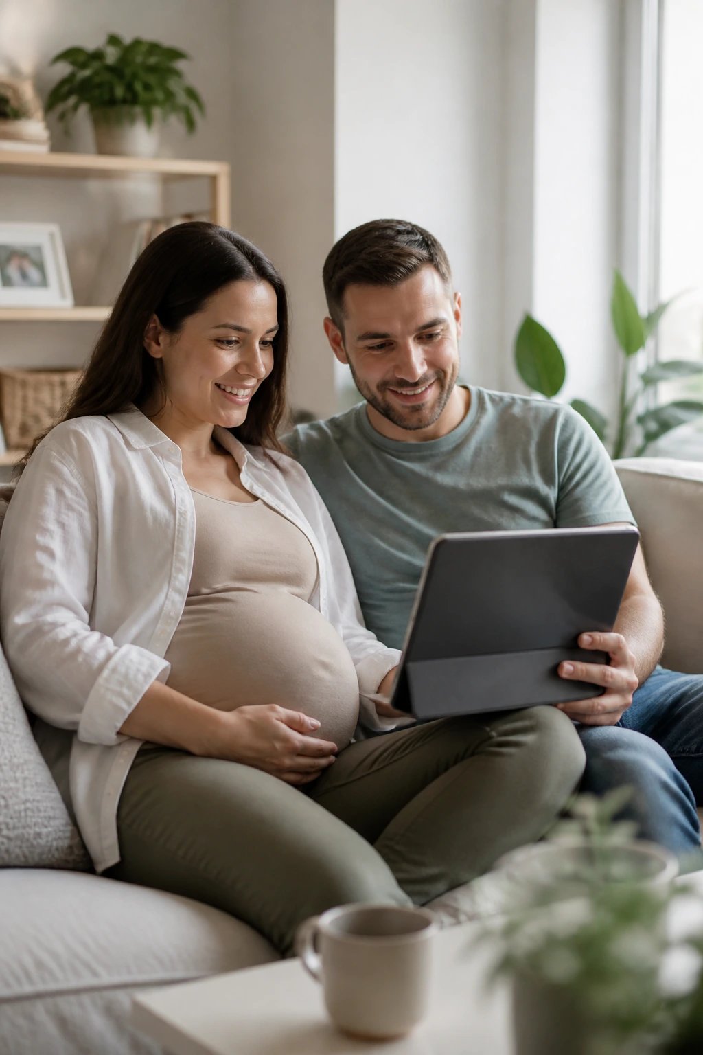 Pregnant person taking childbirth and newborn care classes at home with partner