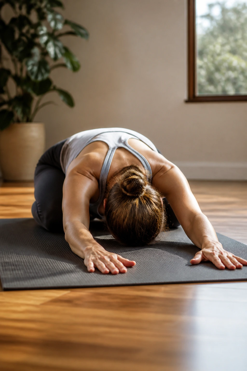 Person in child’s pose resting on mat with forehead on floor