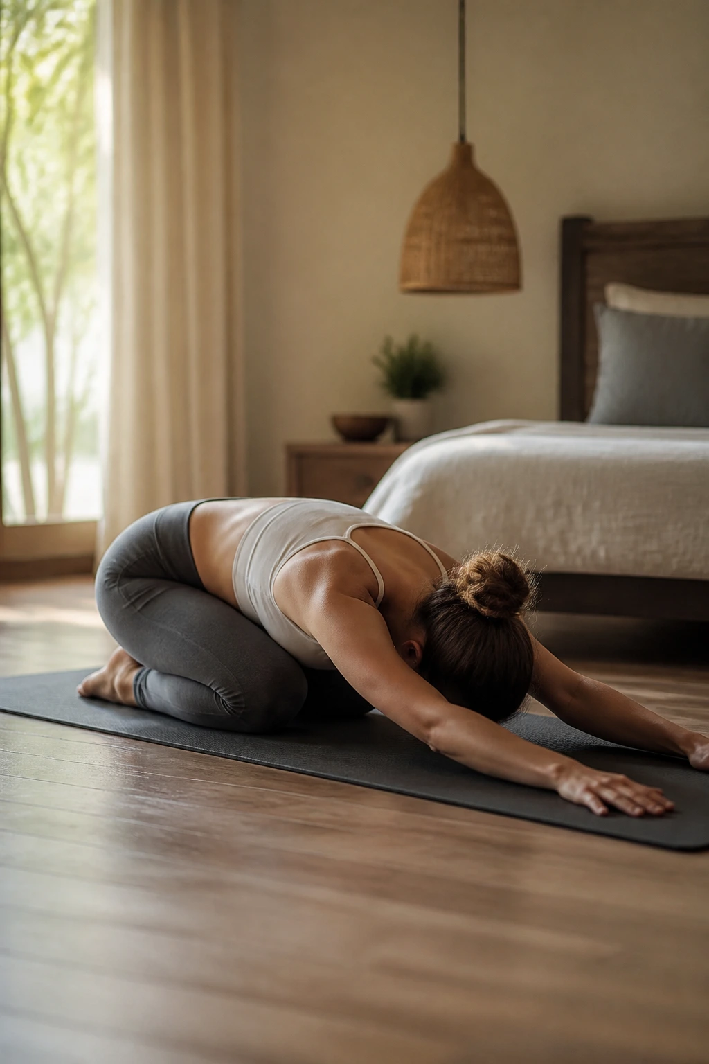 Person in Child's Pose on a yoga mat in a cozy bedroom