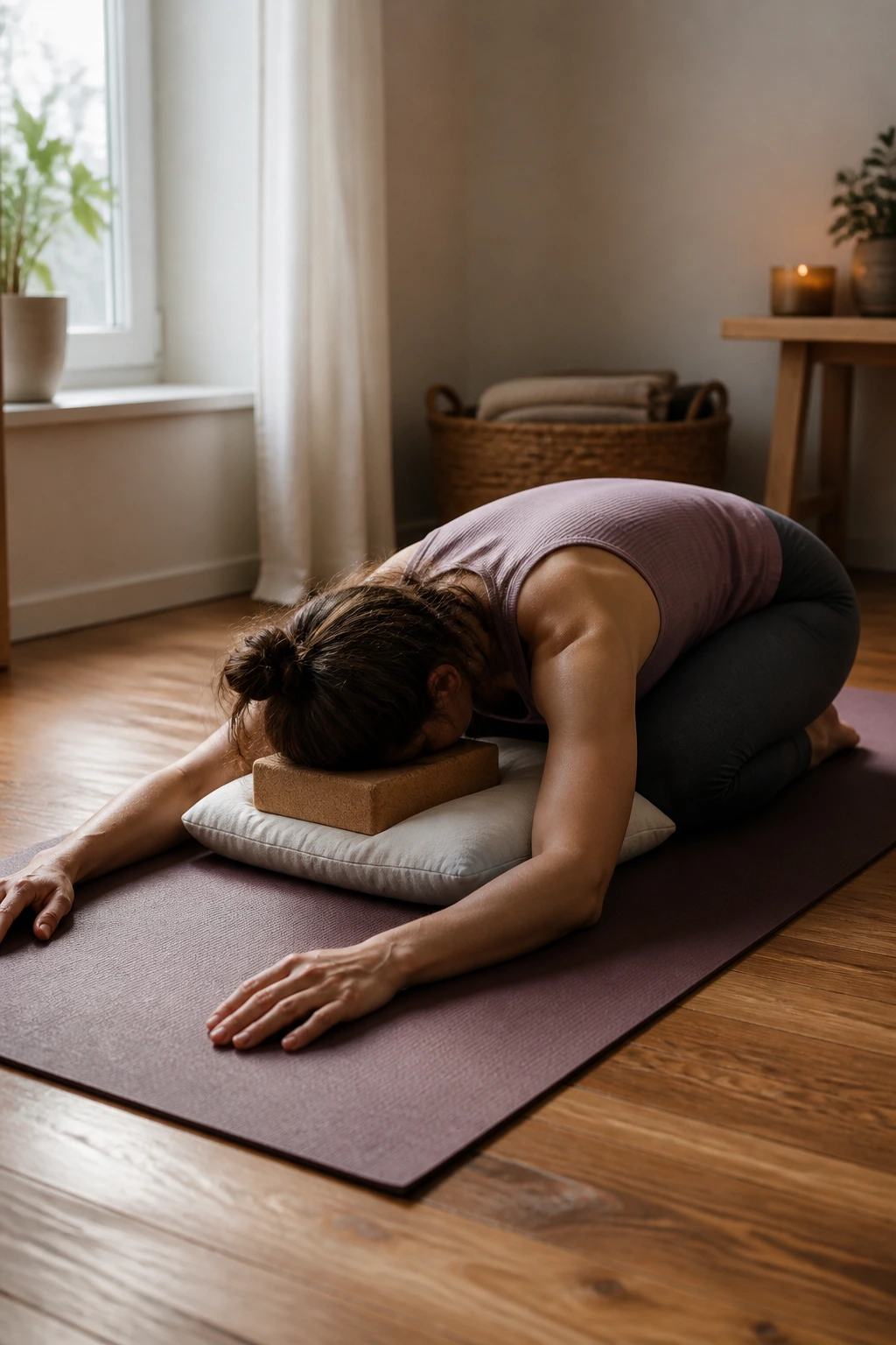 Real person in Child’s Pose on a yoga mat with a pillow under chest in a cozy home