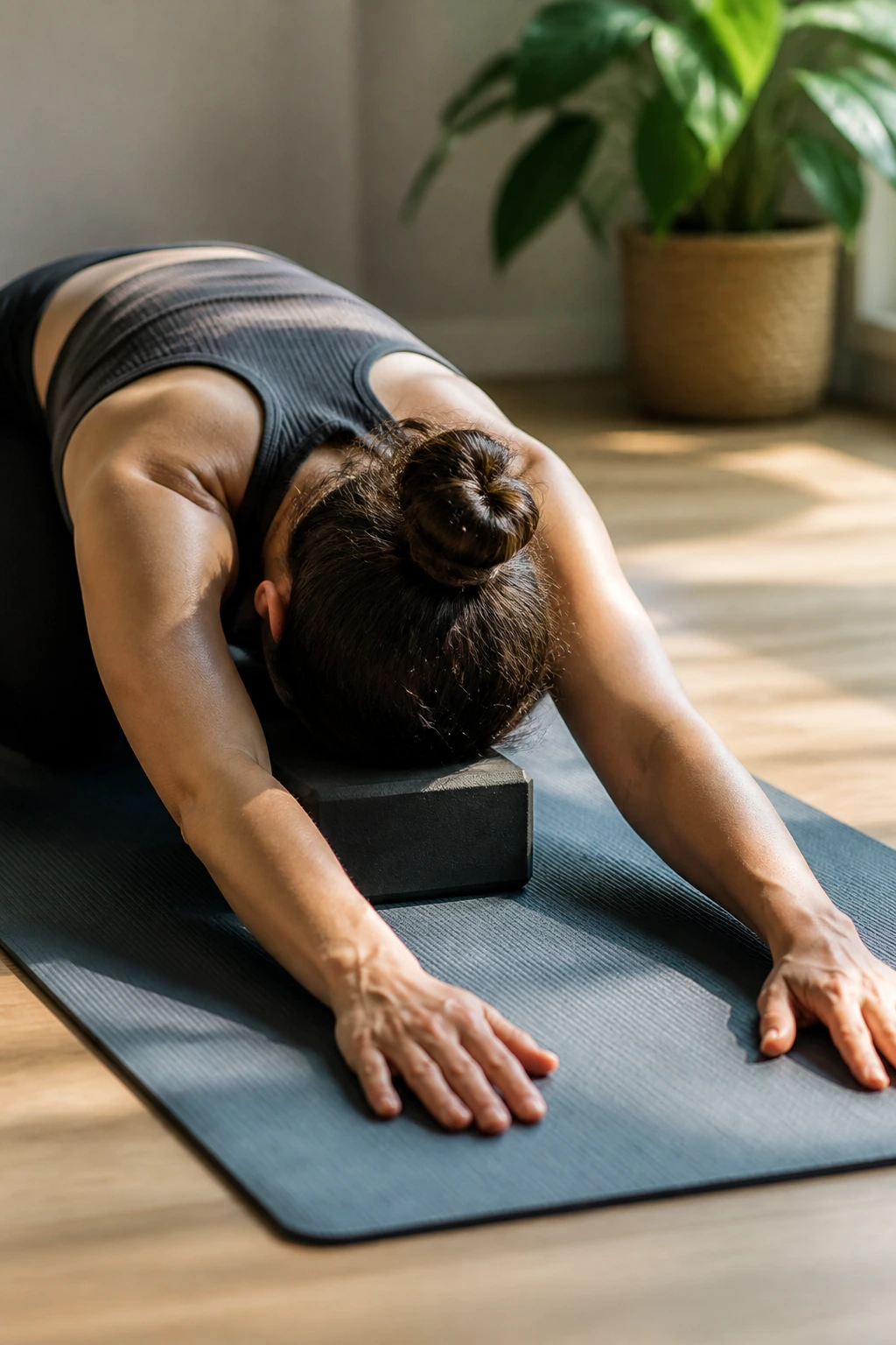 Person in Child’s Pose on a yoga mat resting forehead on block.