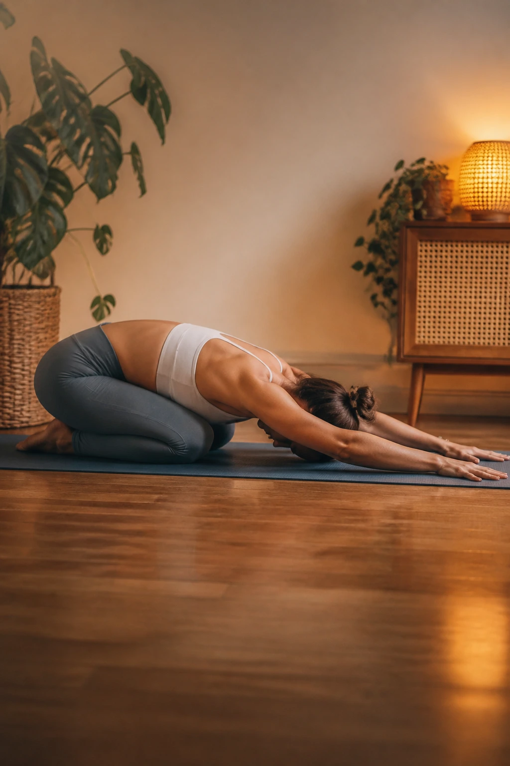 Person in Child’s Pose on mat, forehead on floor, arms extended forward.