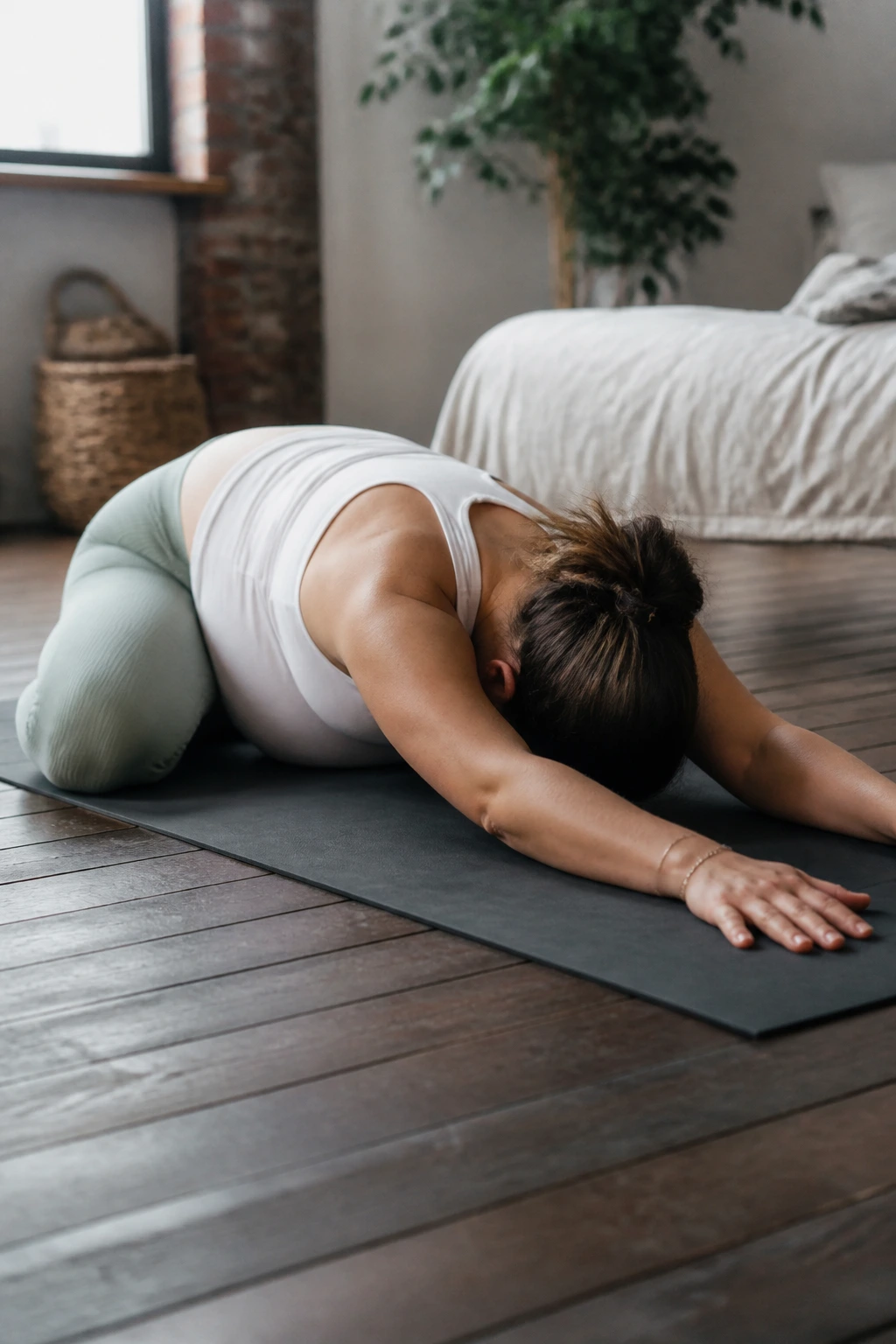 Pregnant woman in wide-knee child's pose on mat