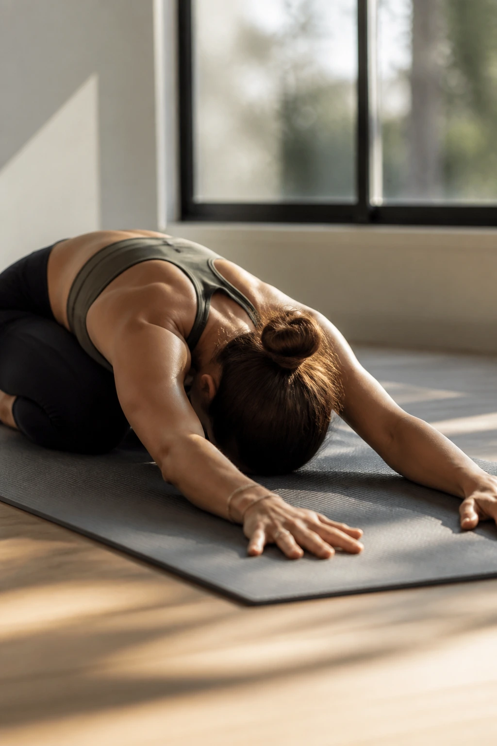 Real person in Child’s Pose on a yoga mat in a serene room