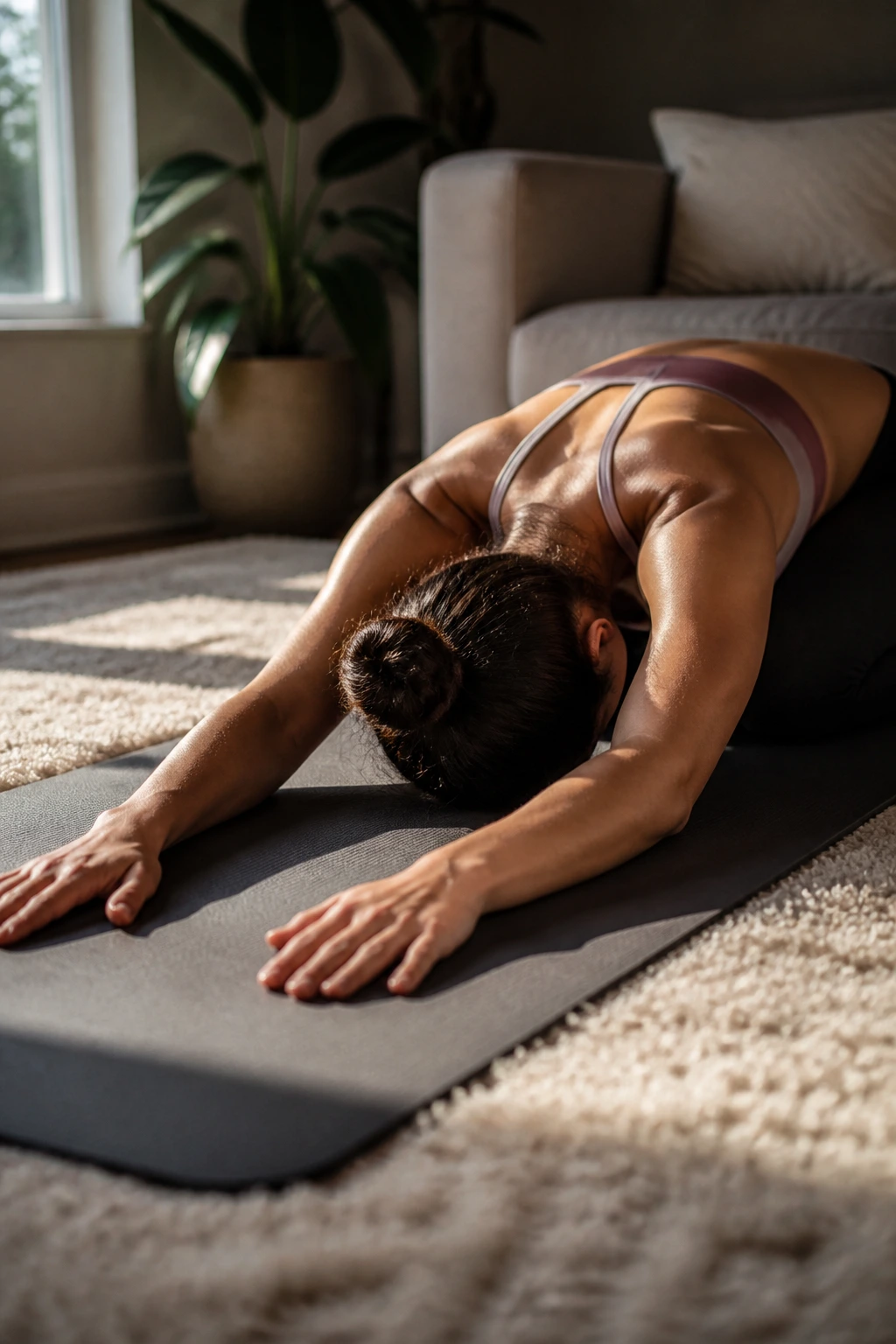 Real person in Child’s Pose on a mat, forehead to ground, in a cozy room.