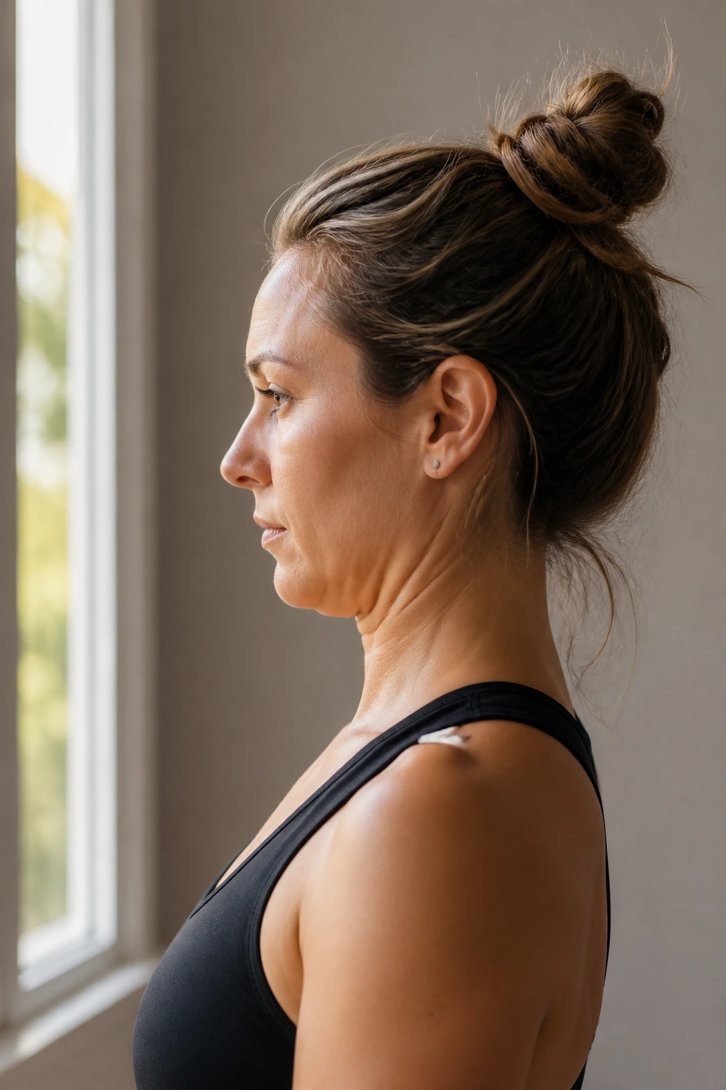 Side-profile of a person performing a chin tuck to align head over shoulders