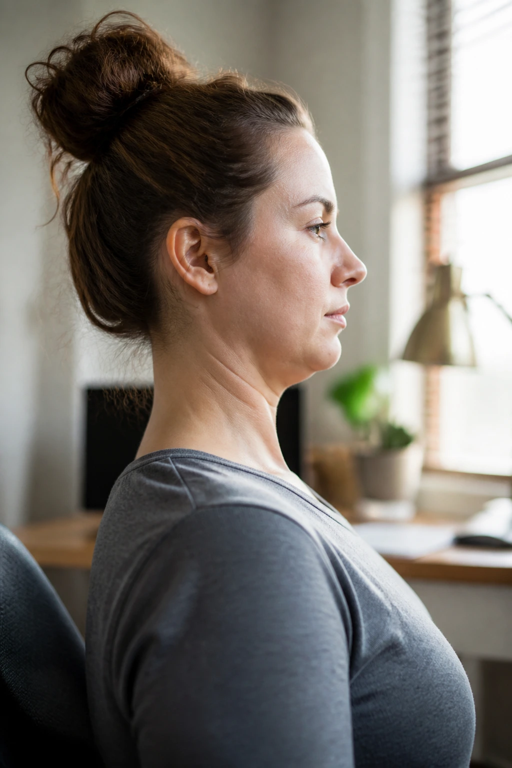 Close-up profile of a person performing a chin tuck to reset neck posture at home
