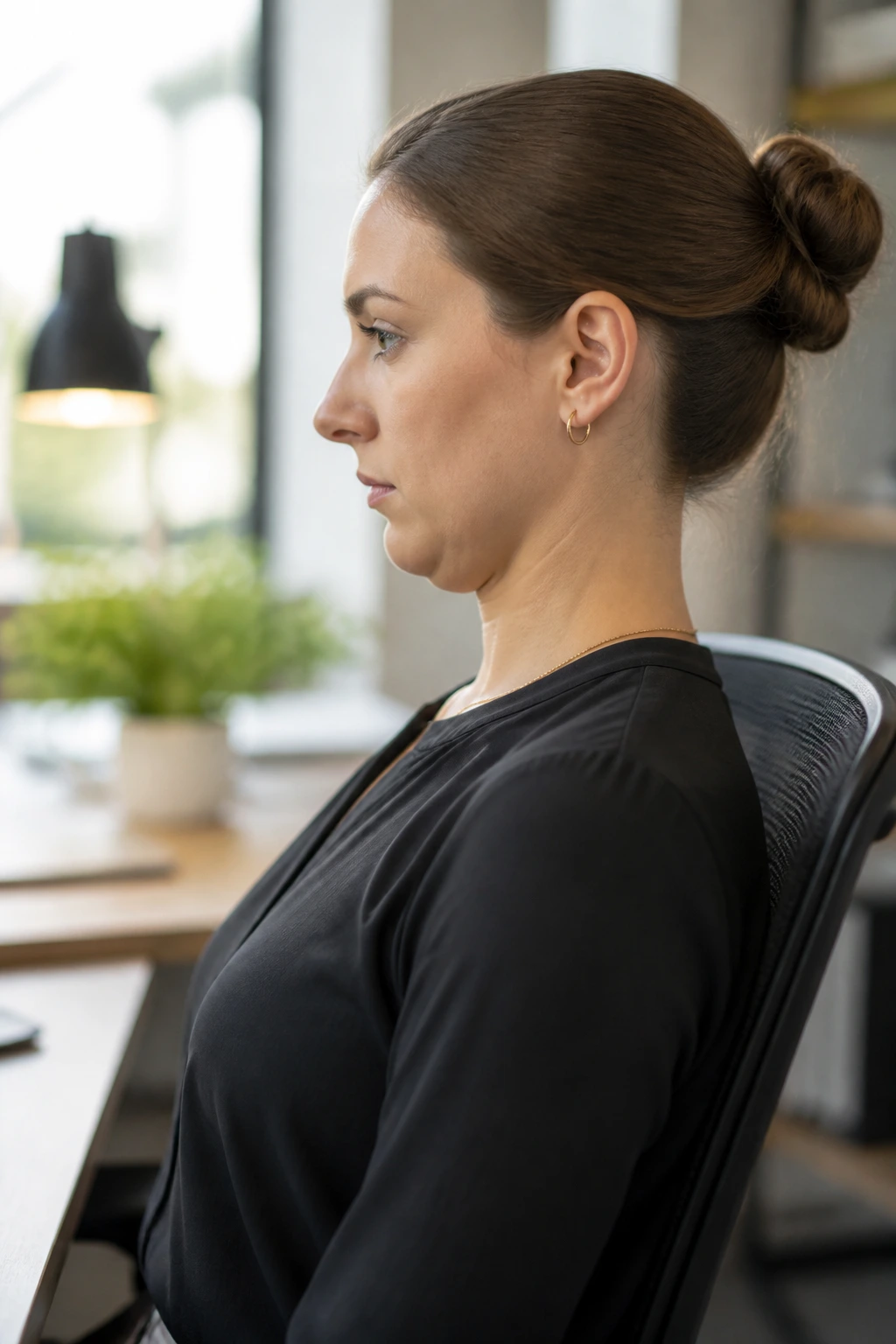 Close-up of a person performing neck chin tuck to improve posture at a desk
