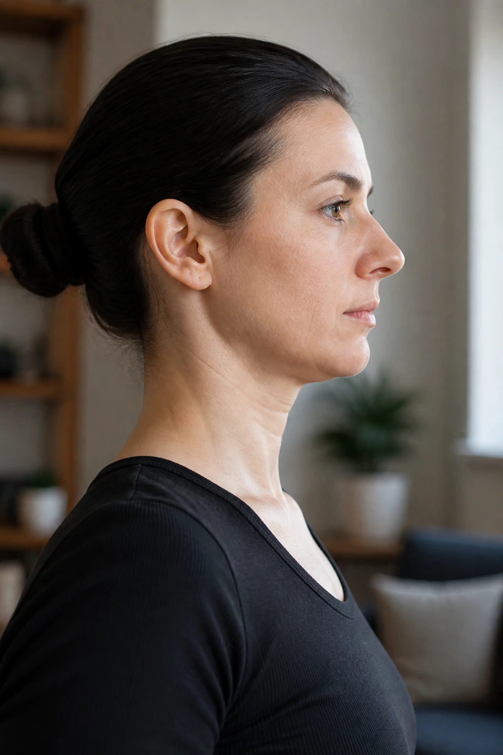 Profile shot of a person performing a chin tuck to align the neck