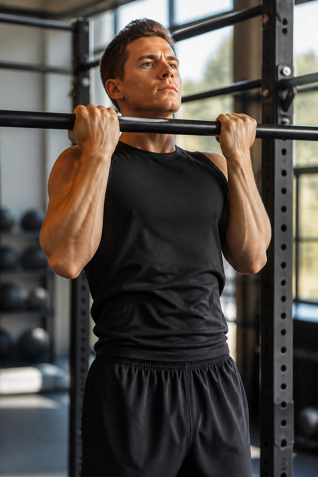 Person doing chin-up holding chin over bar with controlled lowering