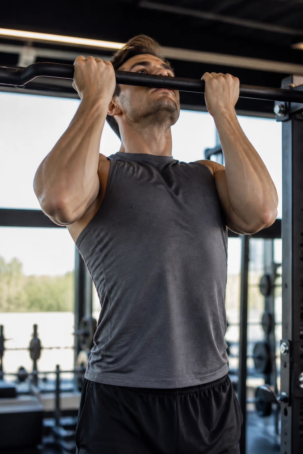 Arms and biceps at the top of a chin-up bar during a negative