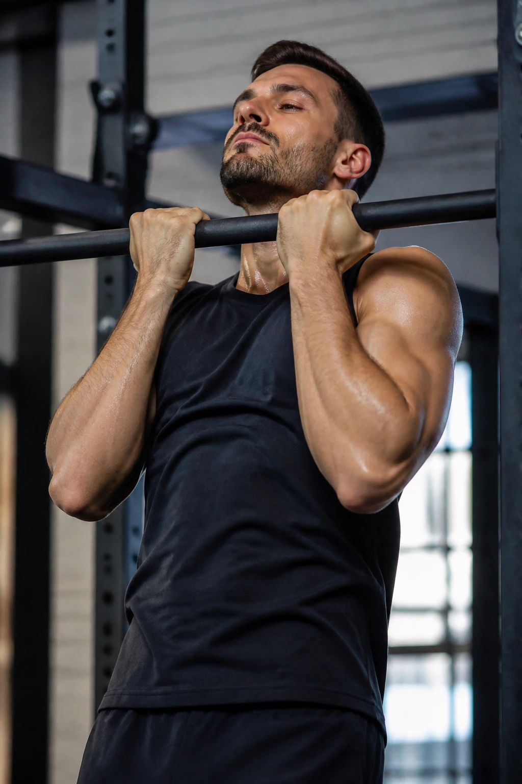 Real person performing chin-up on bar in gym
