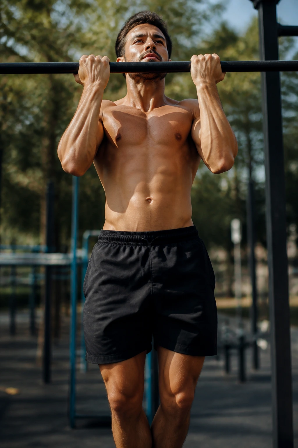 Person performing a chin-up underhand grip on a bar outdoors