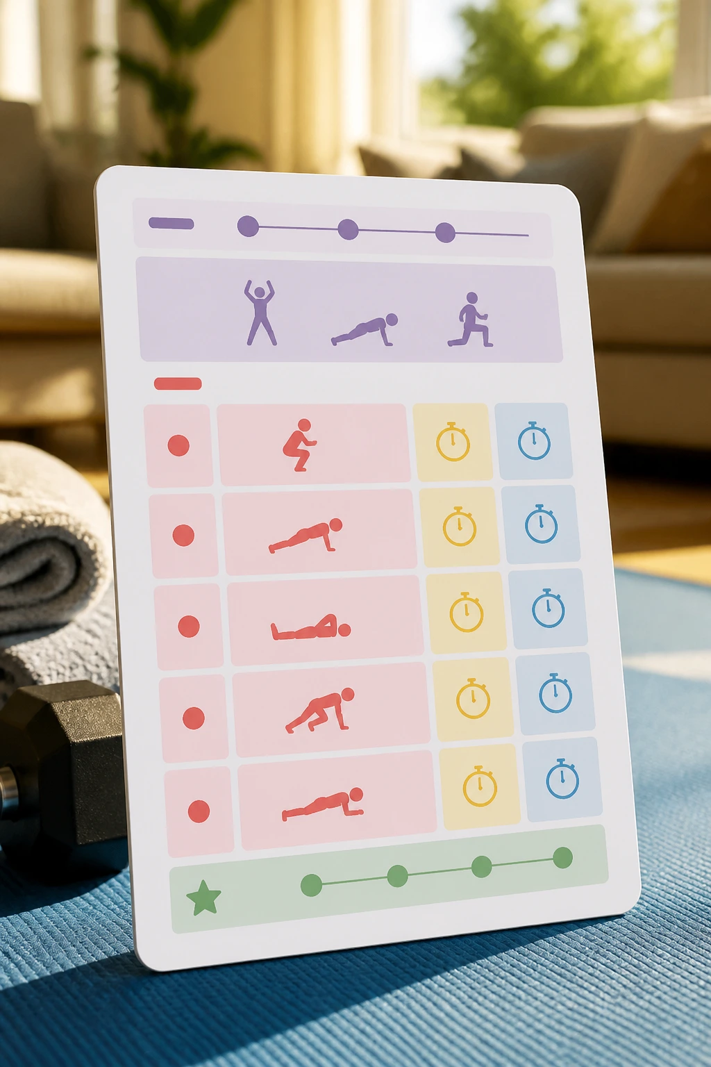 Close-up of a home workout circuit card with blocks indicating rounds and intervals, no text.