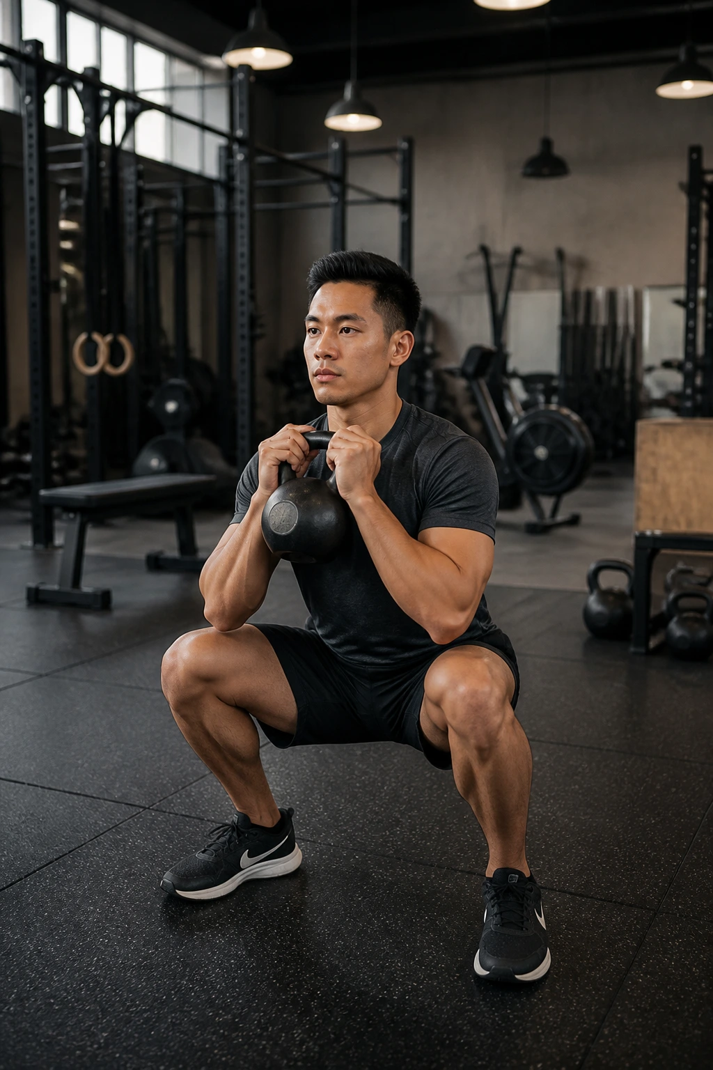 Person performing circuit-style moves with kettlebell in gym background