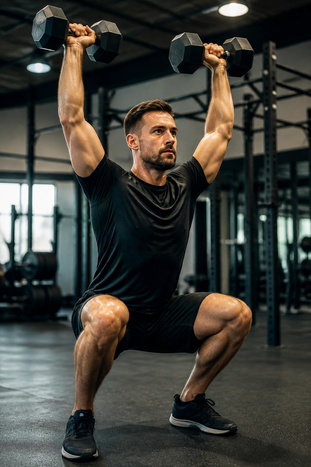 Athlete performing a compound movement during circuit-style training in a gym