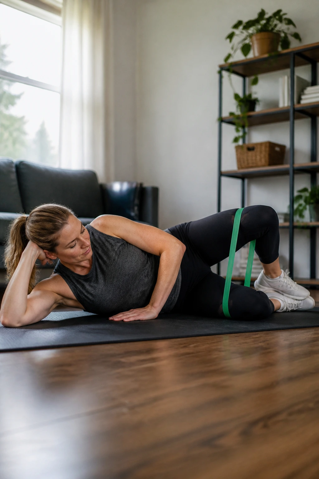 Side view of a person performing clamshell exercise on a mat