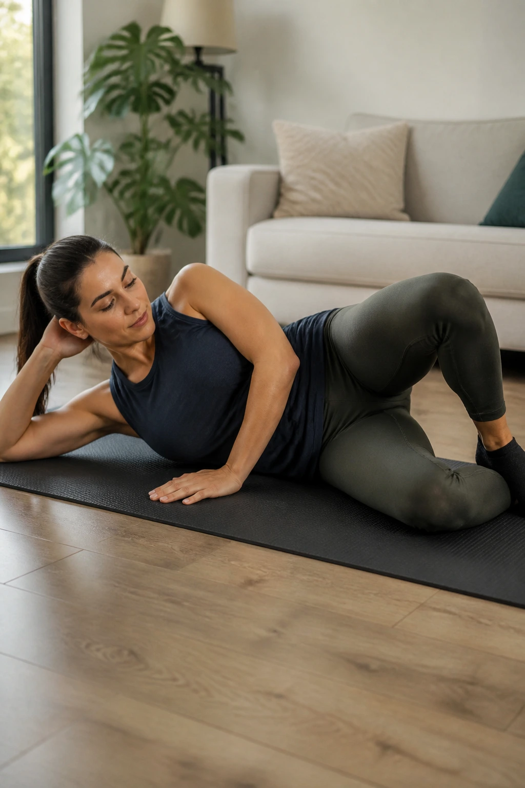 Close-up of a person performing side-lying clamshells on a mat with pelvis stacked and top knee lifting