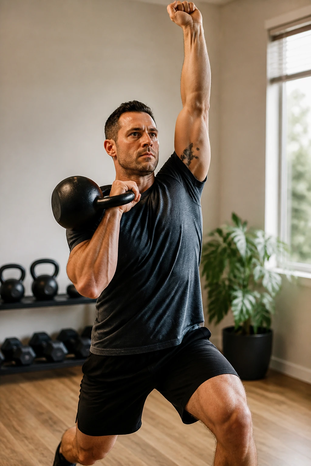 Lifter performing kettlebell clean to rack and press in a home gym