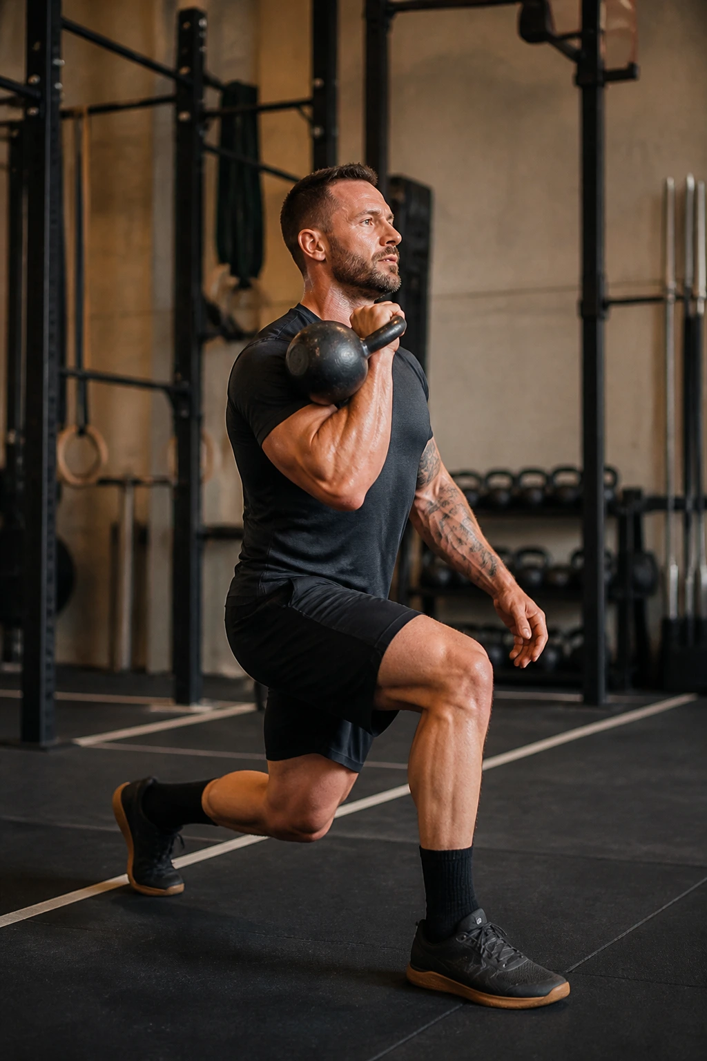 Medium-close shot of athlete performing clean into reverse lunge with kettlebell in rack