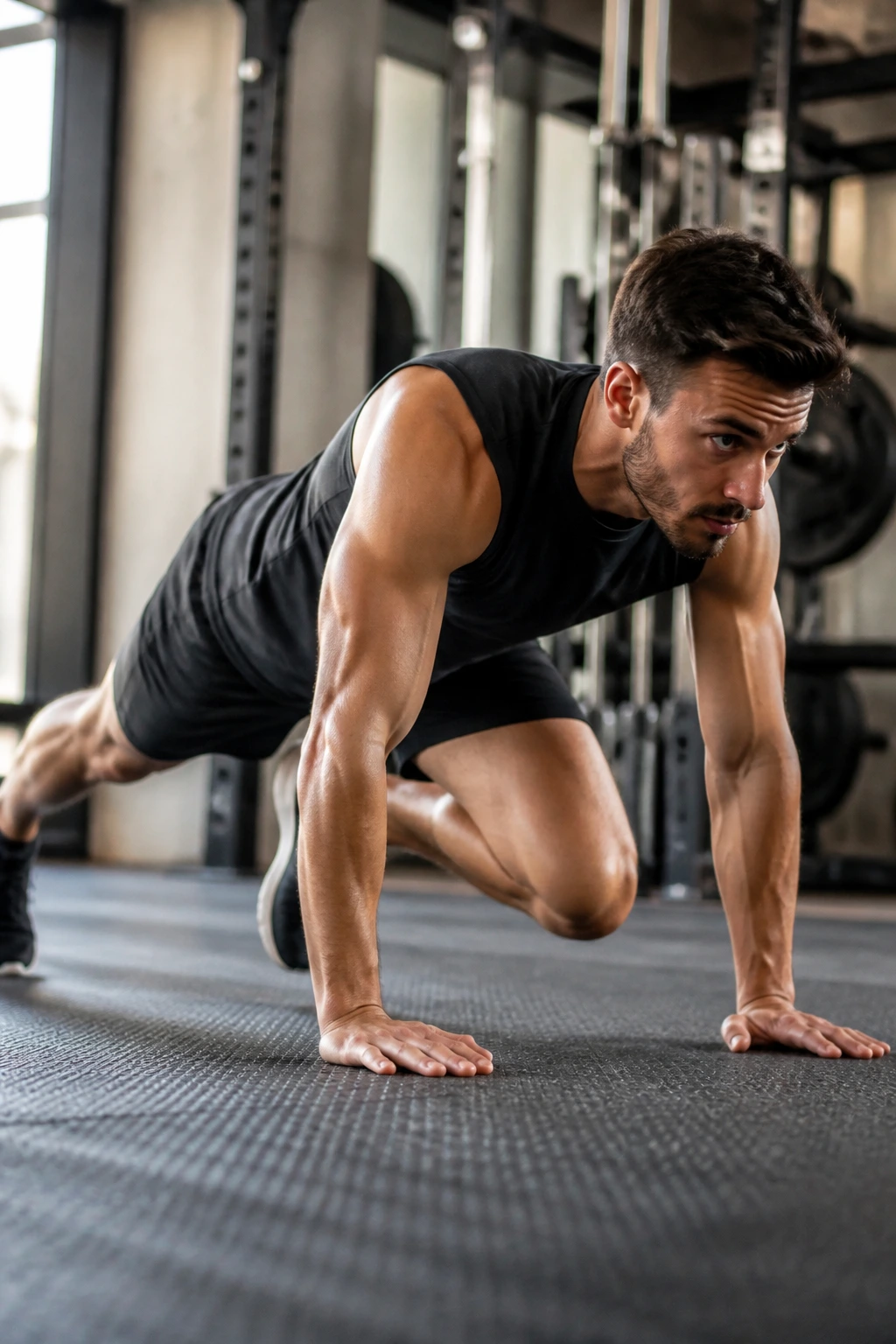 Close-up of a fit person performing climber to push-up combo on a gym mat, emphasizing core and upper body in motion