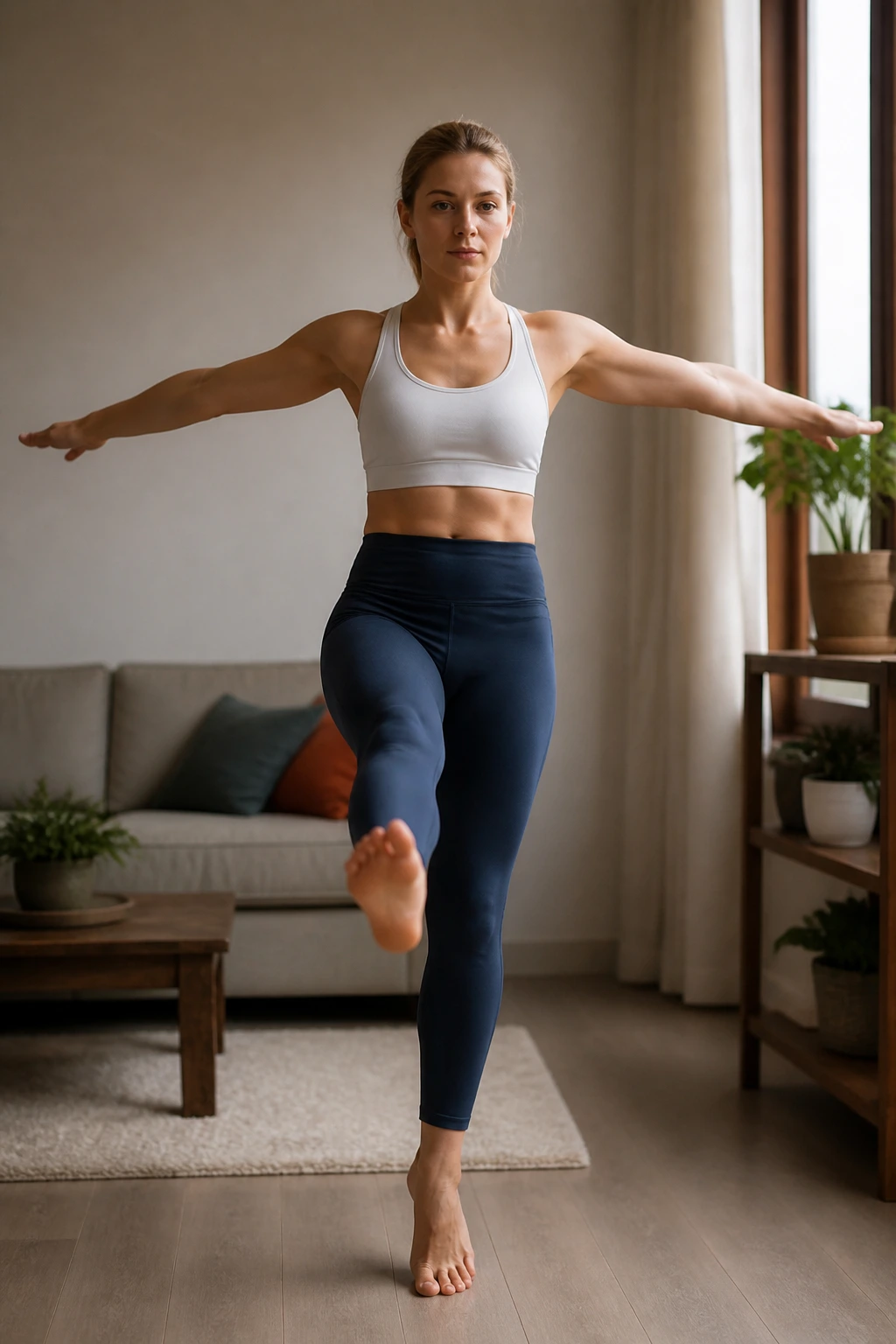 Person performing clock reach balance drill with leg extended to 12 o'clock