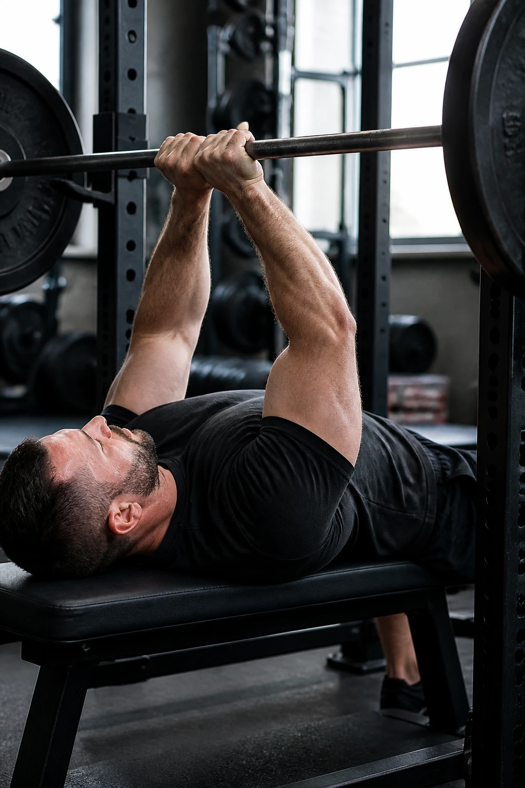 Lifter performing close-grip bench press in gym