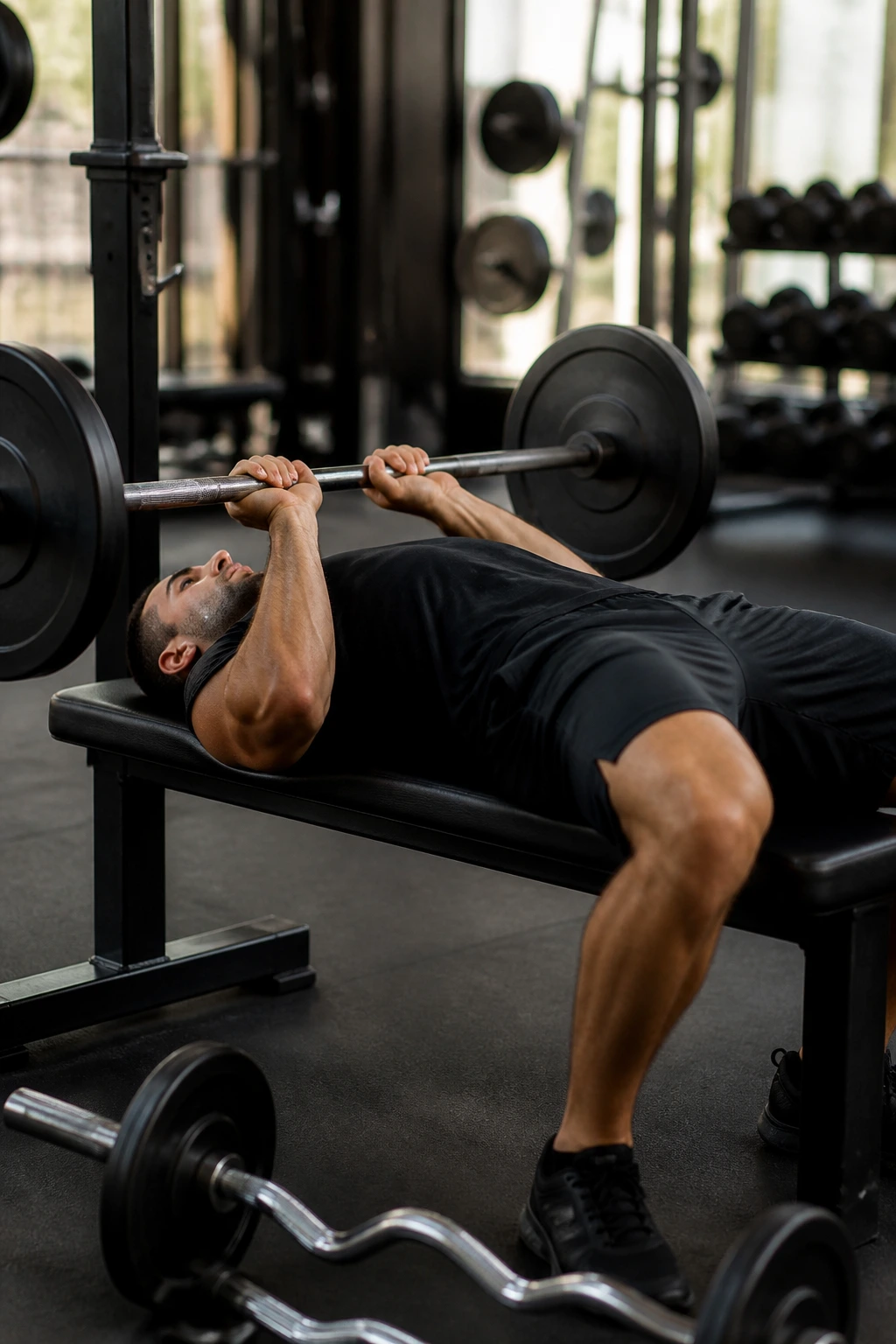 Lifter performing close-grip bench press with barbell curl setup in the background