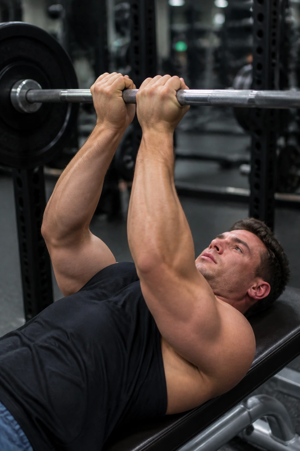 Lifter performing close-grip bench press with elbows tucked.