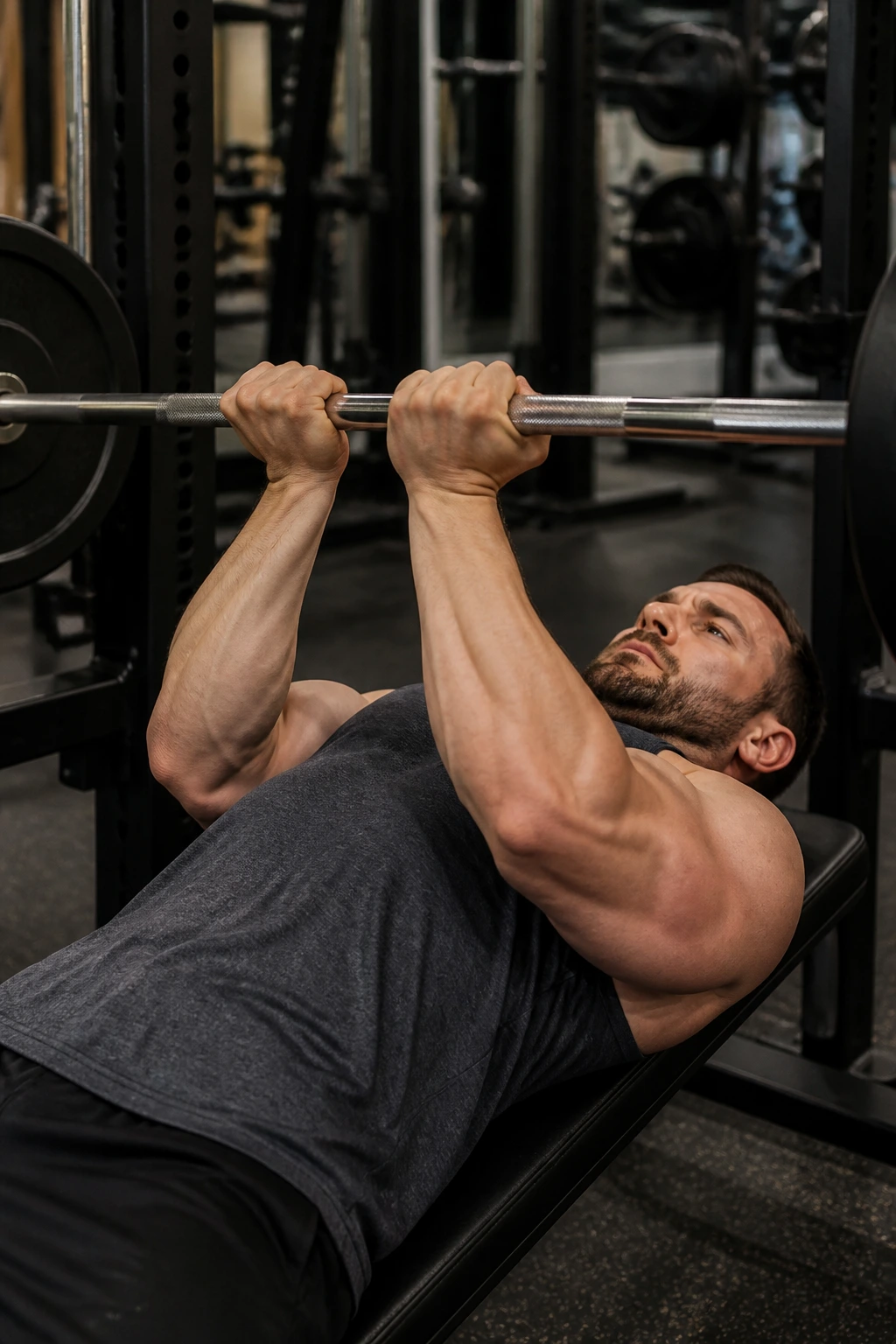 Lifter performing a close-grip bench press focusing on triceps