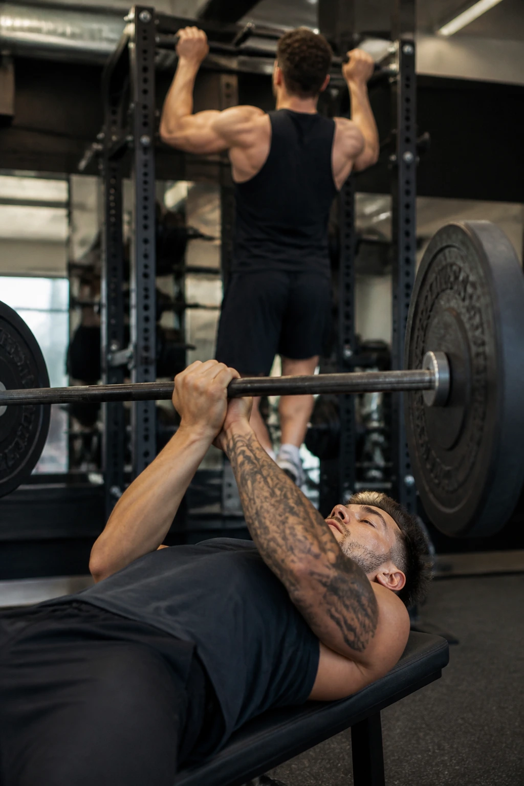 Lifter doing close-grip bench press with neutral-grip pull-up setup in gym background