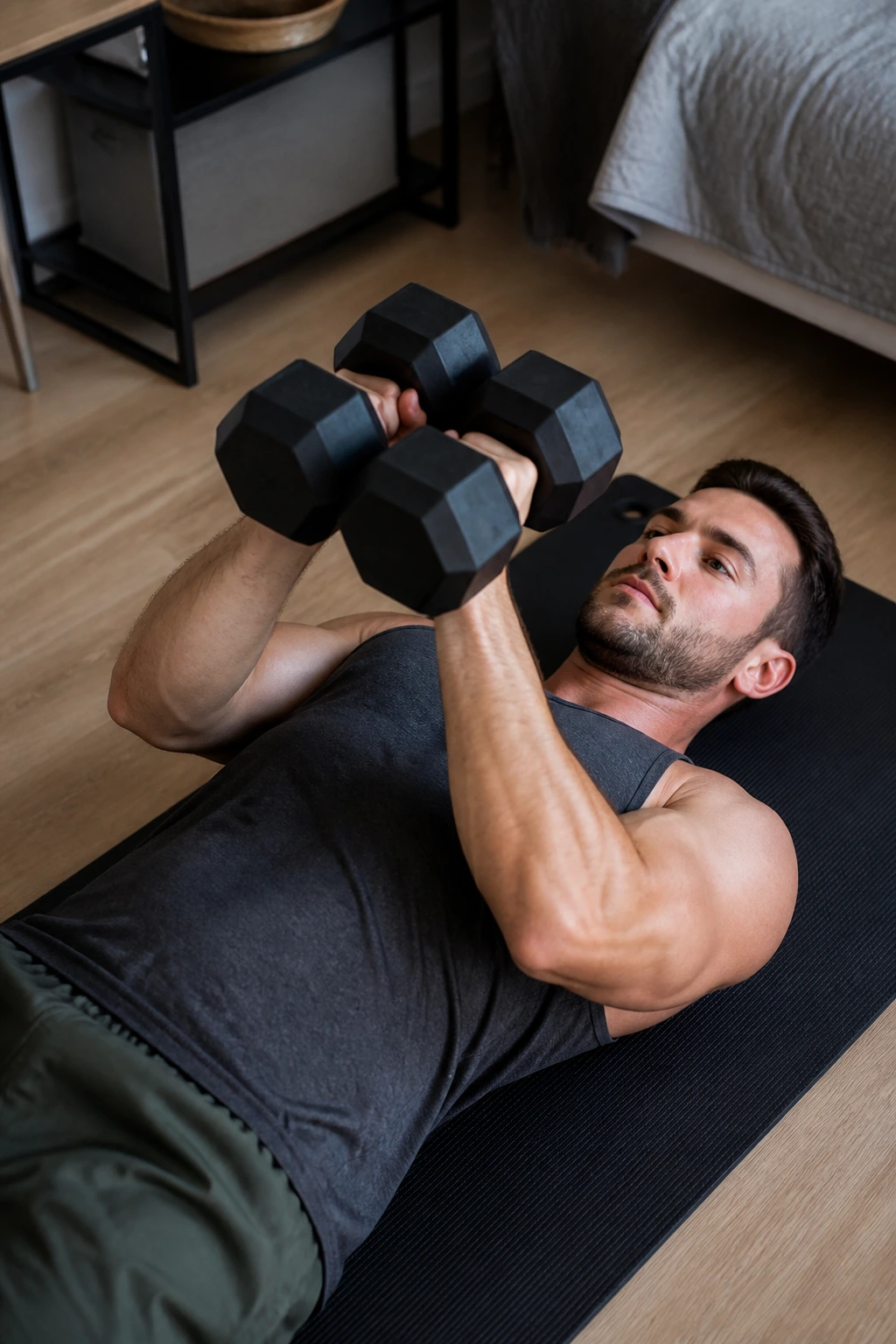Close-up of person performing a close-grip floor press on the floor
