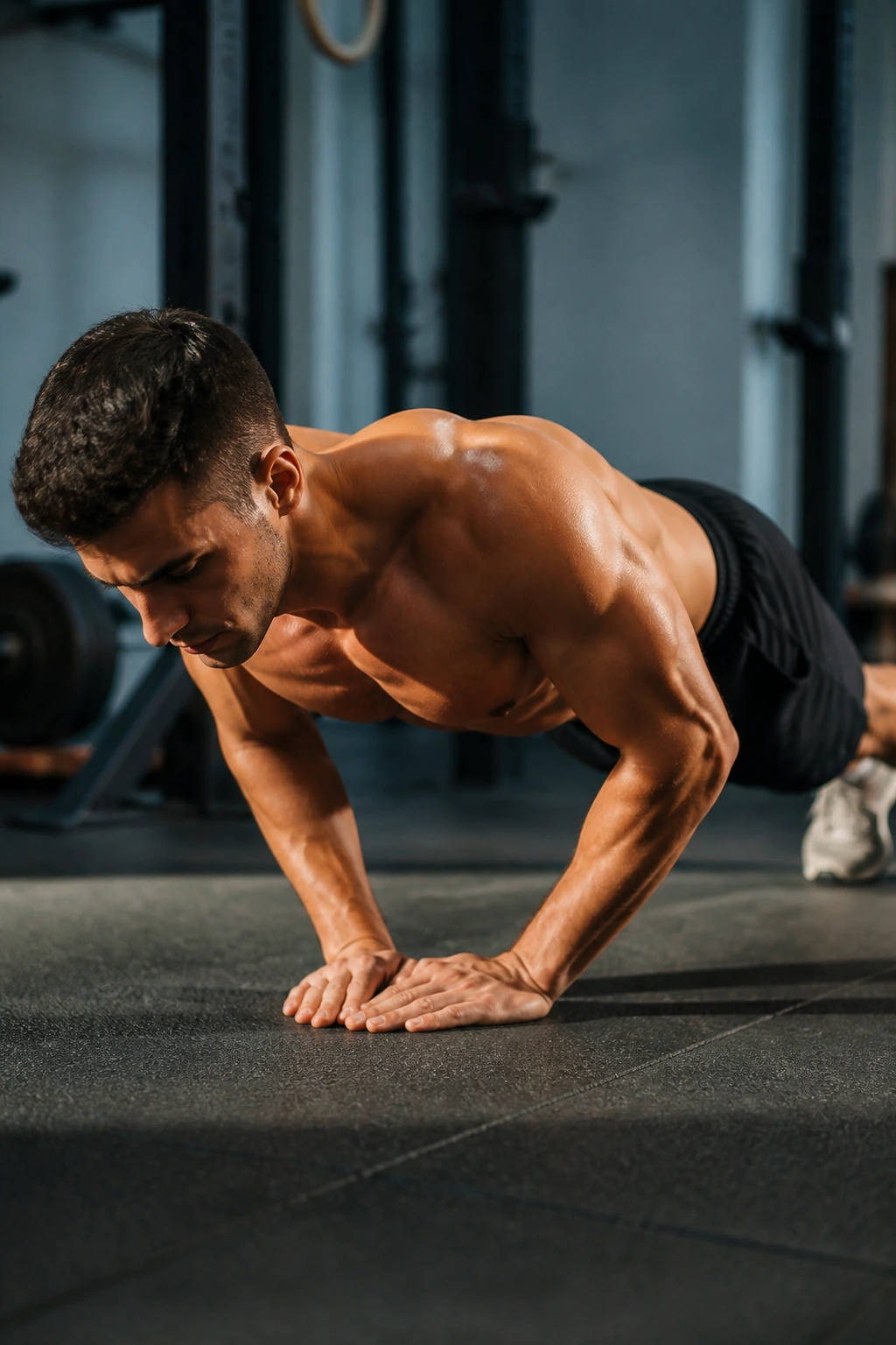 Upper body close-up of person performing close-grip push-up