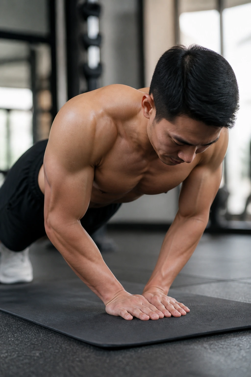 Close-up of a real person performing a close-grip push-up showing arms and triceps.