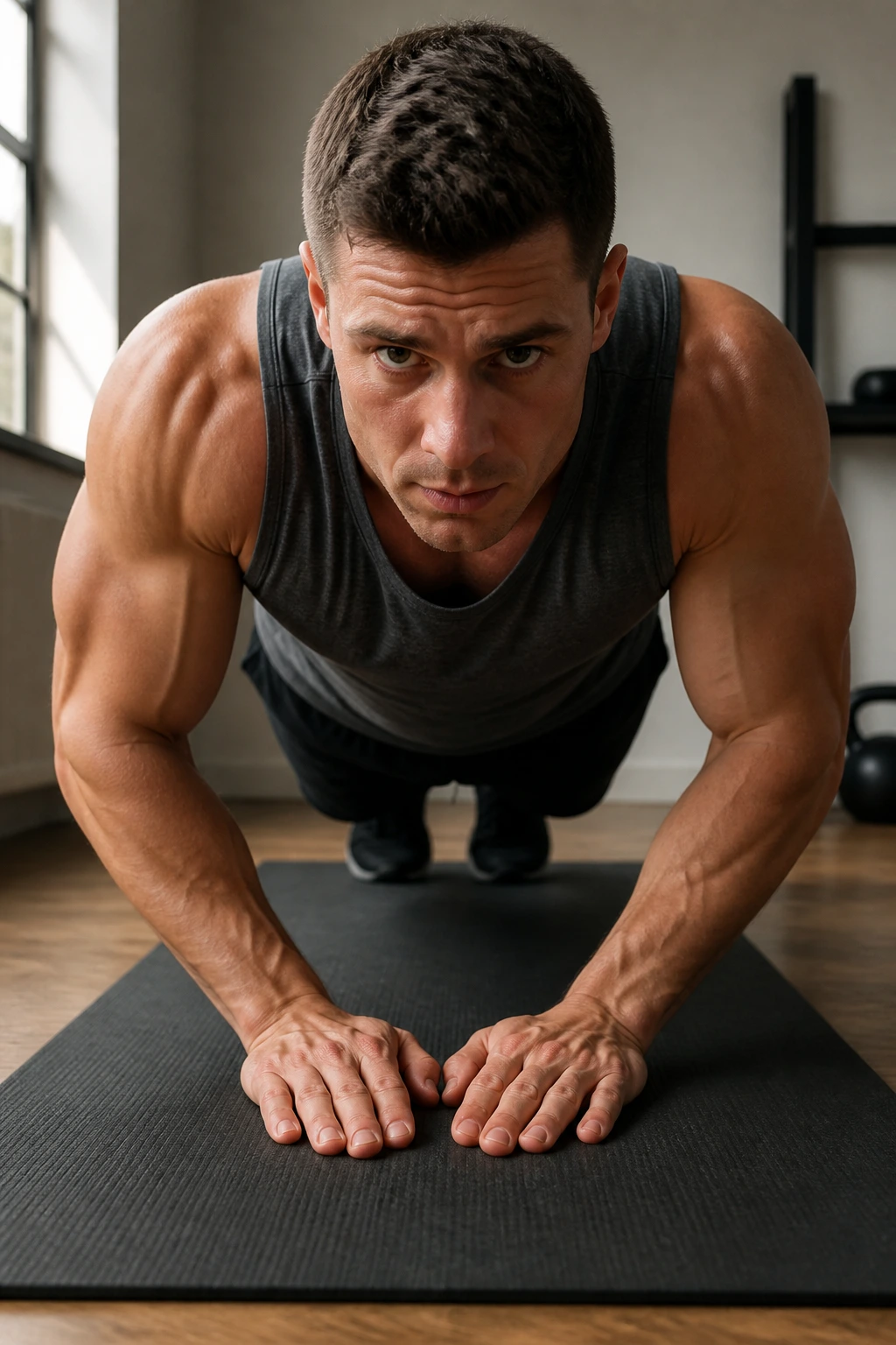Athlete performing a close-grip push-up on a mat, arms and chest engaged.
