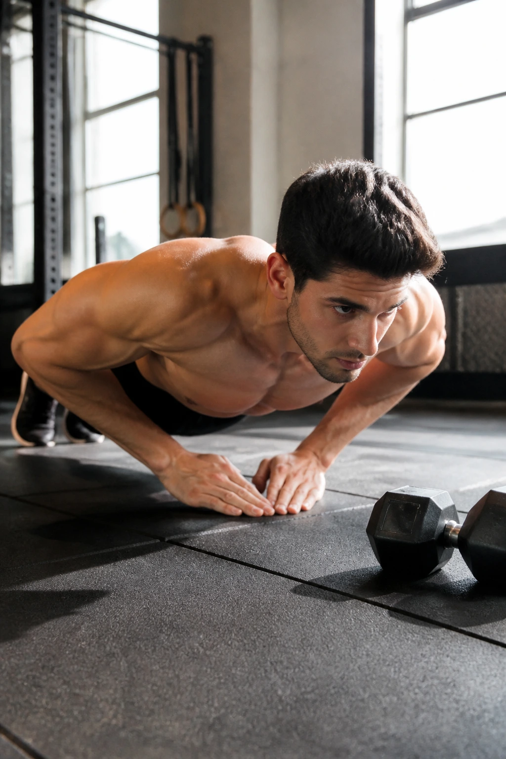 Person performing close-grip push-up with nearby dumbbell hinting at extensions
